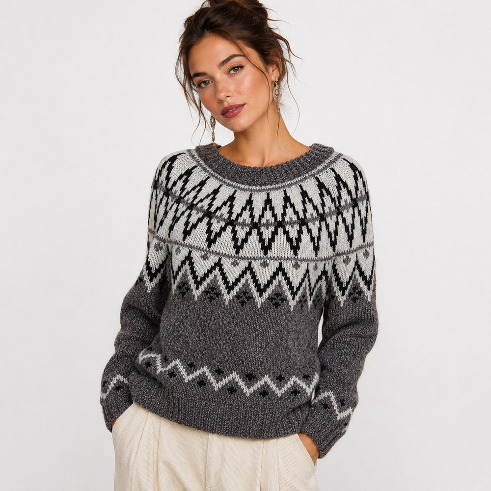 Line and Dot Womens Fair Isle Knit Sweater Grey White Black SIze S
